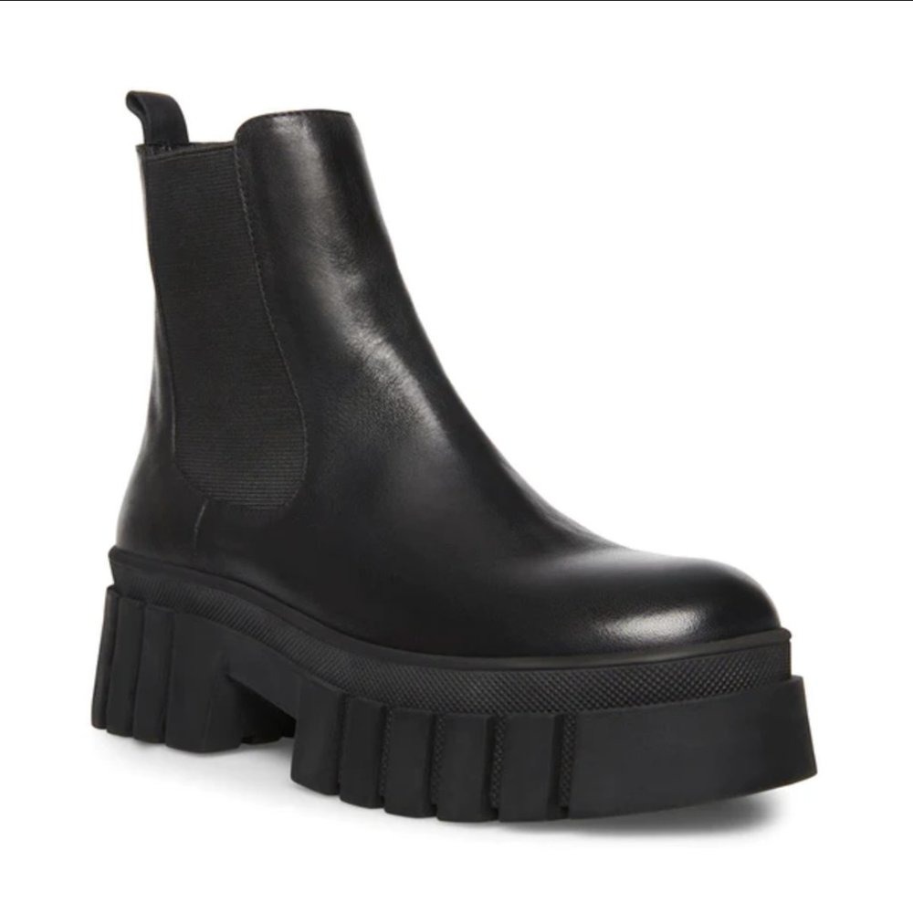 Steve Madden Black Leather Abram Boot Lug-Sole Chelsea